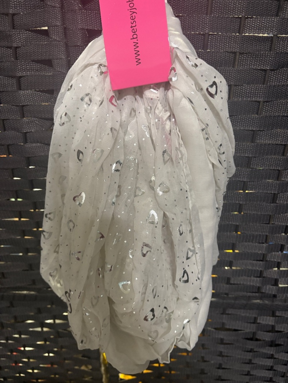 Betsey Johnson White Heart Print Scarf with Silver Foil Accents